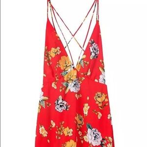 Deep V Neck Red Floral Dress with Criss Cross Back